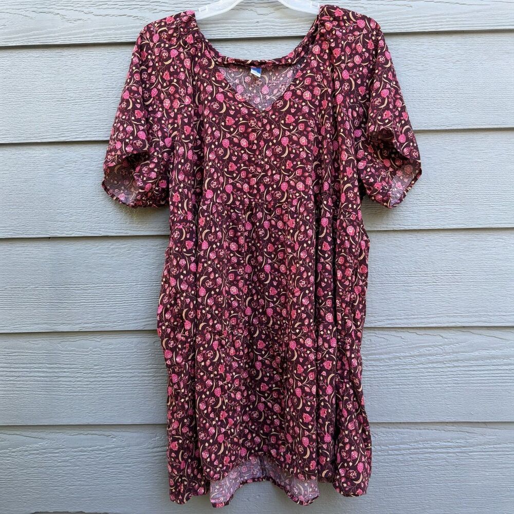 Old Navy 2X V-Neck Mini Swing Dress Women Burgundy Floral Cotton Blend Casual